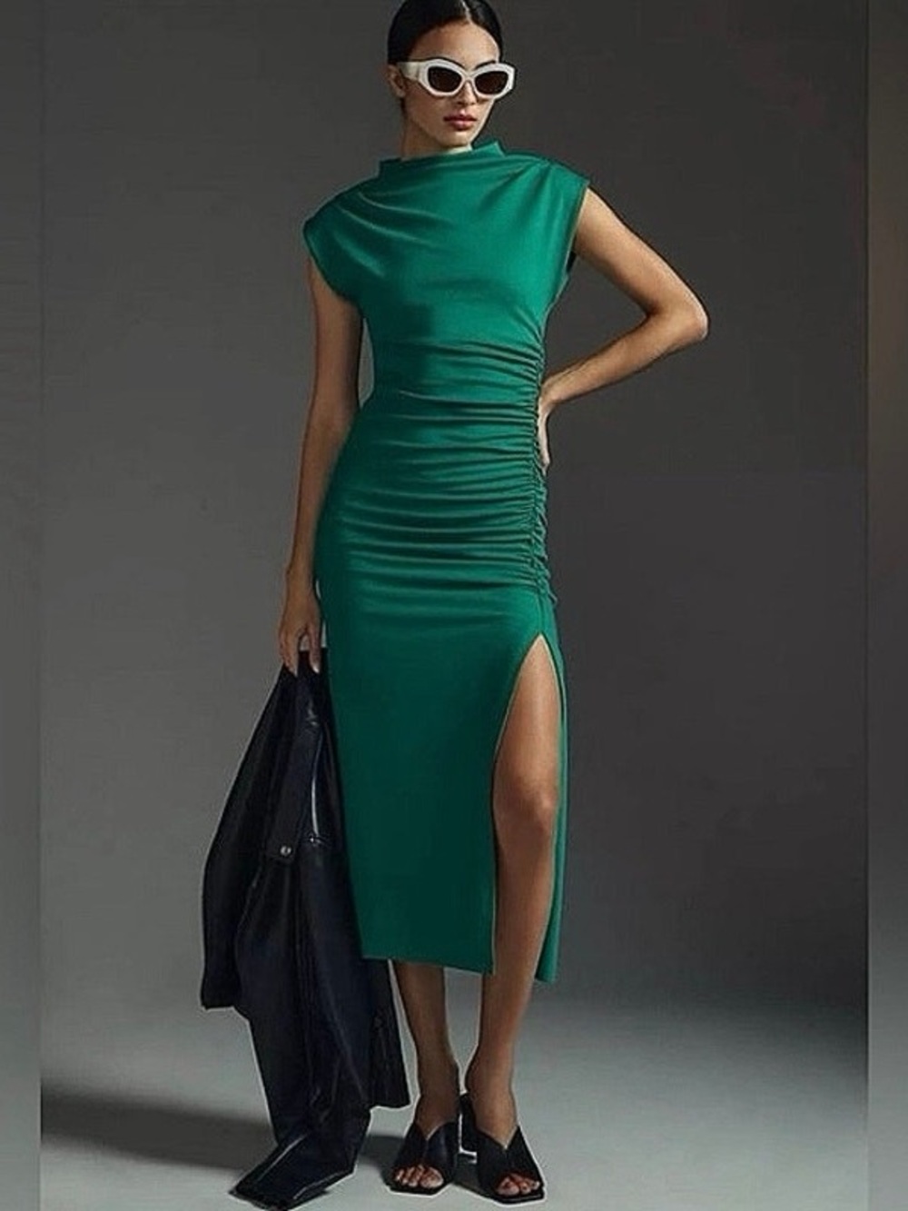 Anthropologie Maya Emerald Green Ruched Cowl Neck Slit Midi Dress